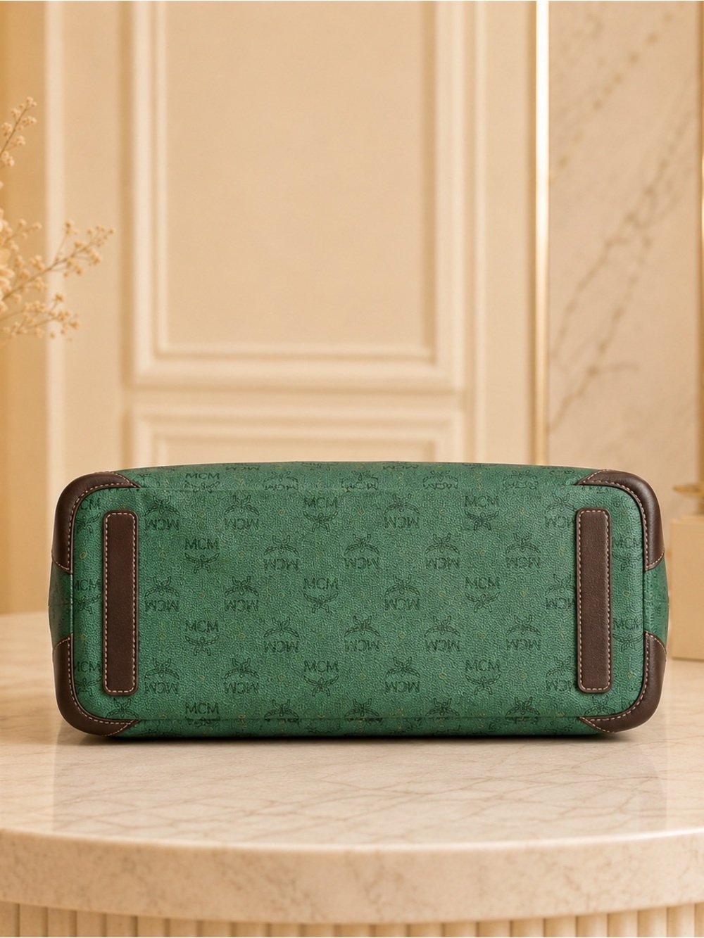 MCM Green Logo Canvas Tote with Brown Leather Handles - Picture 5 of 9